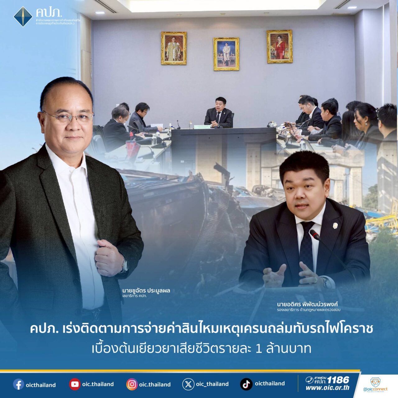 คปภ. เร่งติดตามการจ่ายค่าสินไหมเหตุเครนถล่มทับรถไฟโคราช เยียวยาผู้เสียชีวิตเบื้องต้นรายละ 1 ล้านบาท